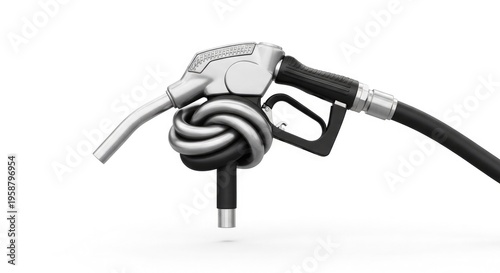 Fuel nozzle tied in a tight knot, symbolizing restricted supply, rising fuel prices, energy crisis, and economic pressure in global markets.