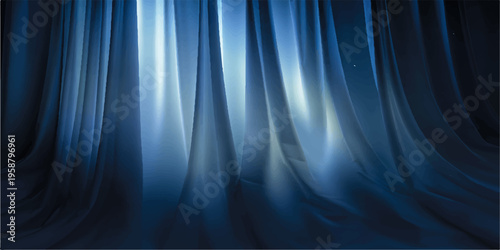 abstract blue curtains, the soft fabric drapes elegantly, creating a mesmerizing play of light and shadow, evoking a sense of drama and sophistication. 