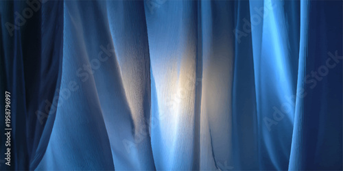 Ethereal blue curtains dance in the gentle light, creating a dreamy and artistic atmosphere, offering a feeling of calm and softness.
