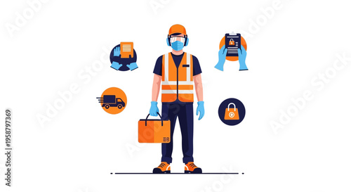 A construction worker wearing safety gear and holding a toolbox for delivery by a driver on a site.