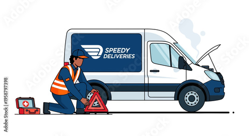 A delivery driver ensures safety while changing a tire on a van.
