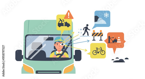 A delivery driver ensures safety while driving through a busy road with various hazards.