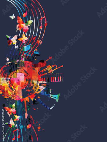 Colorful musical poster with G-clef, LP vinyl record disc and musical instruments vector illustration. Playful background for live concert events, music festivals and shows, party flyer