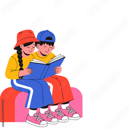 Two children reading a book together celebrating International Children's Day  