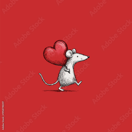 Cartoon gray rat running with a large red heart on a solid red background. Cute gray rat carrying red heart running