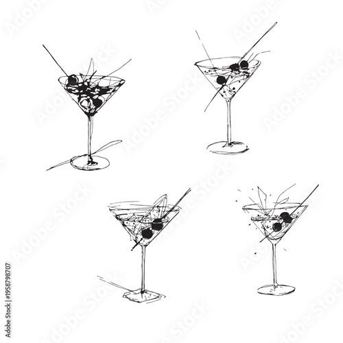 Martini cocktail sketch, hand drawn minimal ink