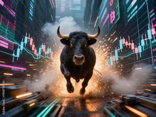 Powerful Black Bull Charging Forward with Sparks and Glowing Financial Stock Market Charts Representing Crypto Bull Market