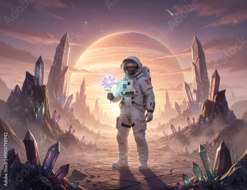 Surreal Scene of an Astronaut in Space Suit Holding a Glowing Alien Flower on a Mystic Crystal Planet at Sunset