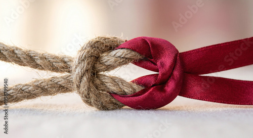 A surreal realism close up of a rough jute rope and a smooth red satin ribbon tied in a knot symbolizing differences