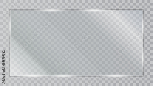 Transparent glass panel mockup with realistic glare and light reflection, clear acrylic window frame isolated on transparent background