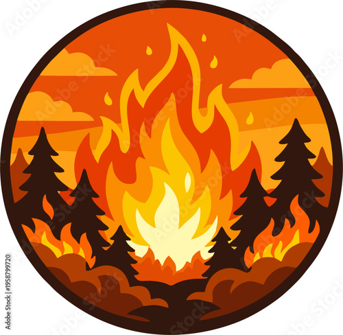 Circular Forest Fire Illustration with Flames and Pine Trees, Wildfire Badge Patch Emblem