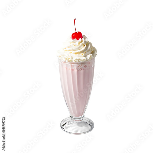 A refreshing strawberry milkshake served in a tall fluted glass with whipped cream and a cherry