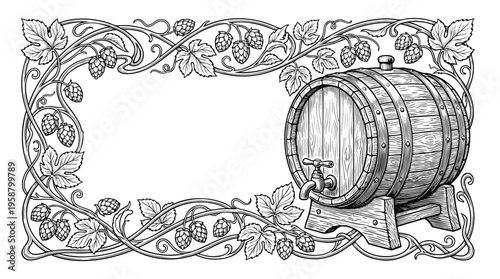 Vintage engraving style illustration of wooden barrel with hop vines frame, black and white vector line art.