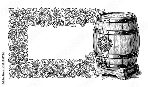 Vintage engraving of wooden beer barrel with hop vine frame, detailed black and white vector illustration.