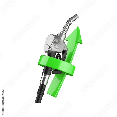 A metallic gasoline fuel pump nozzle entwined with a bright green upward trending growth arrow