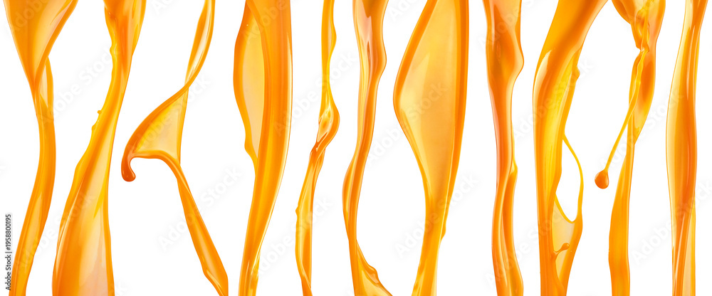 Fototapeta premium Orange juice splashes, flowing streams Isolated on white background