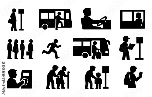 Bus Passenger Scenes Silhouettes Set - Public Transport People Travel Icons