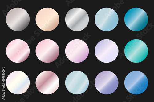 Round pastel metallic foil texture silver, steel, chrome, gold, platinum, copper, bronze, pink gold gradient swatches set. Shiny metallic collection graphic design on black bg, collection