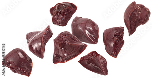 Falling raw chicken liver pieces isolated on white background, full depth of field