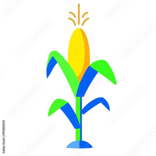 Stylized corn stalk with vibrant green and blue leaves under a light blue glow