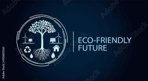Sustainable living concept with tree, renewable energy, and recycling symbols