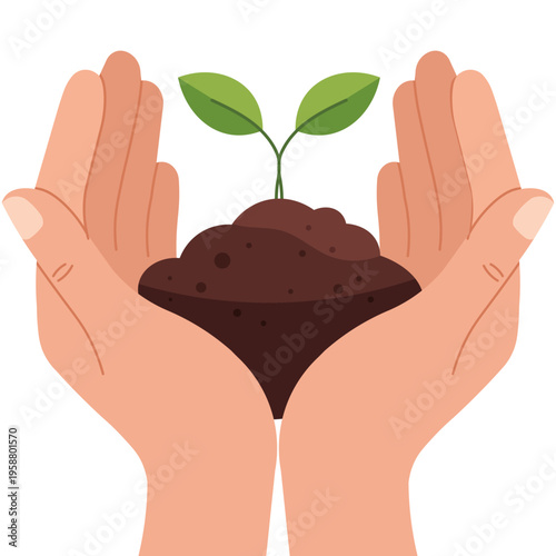 Hands gently cupping a small plant growing from rich soil, symbolizing care