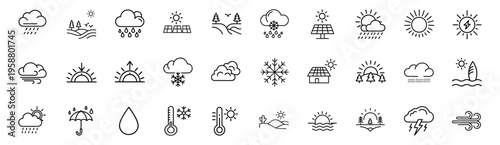 Weather forecast and nature outline icon set featuring sun rays, cloud rain, wind breeze, thermometer, lightning storm, and more vector illustration on editable stroke