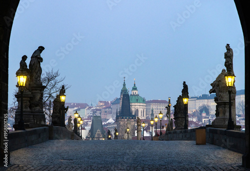 charles Bridge in Prague  Czech Republic at sunrise with historic statues