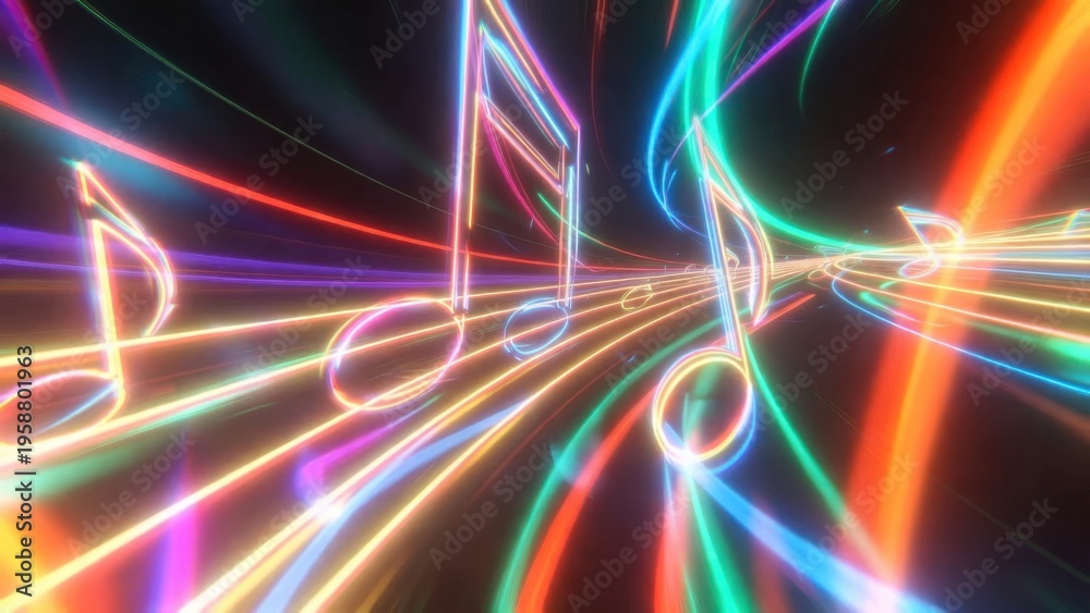 Obraz premium Neon music notes streaming along luminous multicolor light tunnel