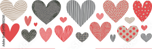 Assorted Hand- Drawn Hearts with Patterns and Textures on White Background Keywords: hearts, hand-drawn, patterned, textured