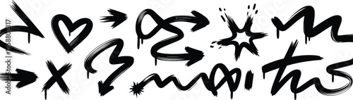 Black Graffiti Style Arrows Hearts Stars and Splatter Elements Collection on White Keywords: graffiti, arrows, heart, star