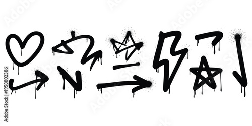 Black Graffiti Style Icons Heart Crown Lightning Bolt Star Arrows Keywords: graffiti, spray paint, drip, splatter, black, white