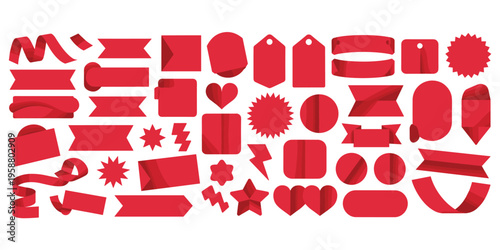 Collection of Red Ribbons Tags Stars Hearts and Lightning Bolts on White Keywords: red ribbon, tag, label, banner, sale tag