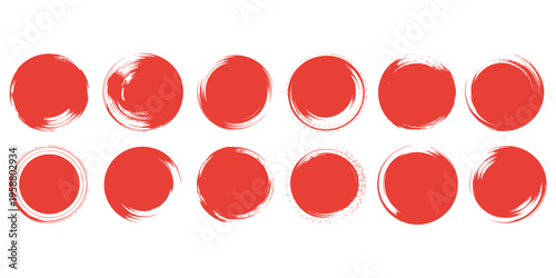 Collection of Red Brush Stroke Circles and Rings on White Background Keywords: red, circle, brush stroke, ink, paint, grunge