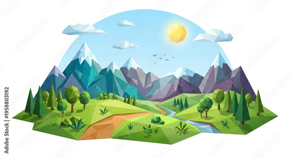 Fototapeta premium Low poly mountain landscape with textured geometric nature elements on white background