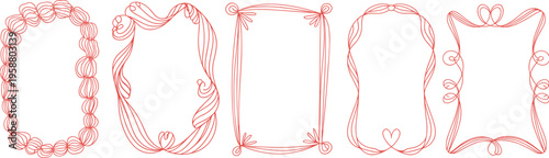Five Red Hand Drawn Oval And Rectangular Frames With Swirls And Hearts Keywords: Red hand drawn frames, oval frames, rectangular