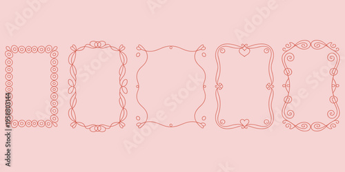 Five Decorative Red Hand Drawn Frames With Swirls Hearts And Circles On Pink Keywords: Red decorative frames, hand drawn frames