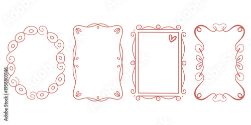 Four Red Hand Drawn Frames With Swirls Circles And A Heart On White Keywords: Red hand drawn frames, decorative frames