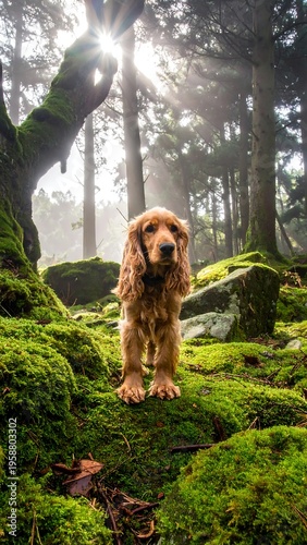 A golden-haired dog stands in a sun-dappled forest, surrounded by vibrant moss and tall trees. The sun shines through