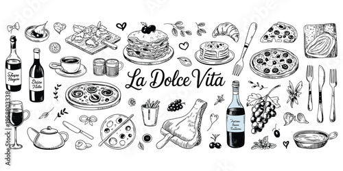 Italian Food And Drink La Dolce Vita Hand Drawn Illustrations And Text Keywords: italian food, drink, la dolce vita, hand drawn