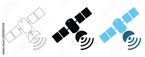Wireless satellite technology icon set featuring antenna satellite dish and data transmission symbols modern communication network vector illustration for space and telecom concepts
