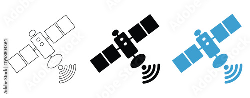 Wireless satellite technology icon set featuring antenna satellite dish and data transmission symbols modern communication network vector illustration for space and telecom concepts