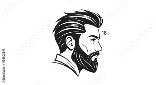 Bearded man profile illustration with 18 plus text