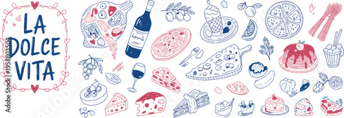 La Dolce Vita Italian Food and Drink Hand Drawn Doodle Collection Keywords: La Dolce Vita, Italian food, Italian drink, pizza