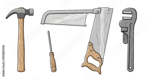 Claw hammer, saws, screwdriver and pipe wrench collection