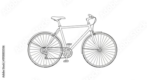 Classic city bicycle line art illustration on white background