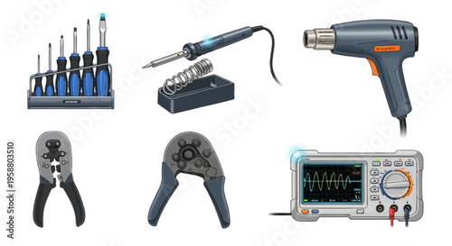Collection of electronic repair and diagnostic tools illustration