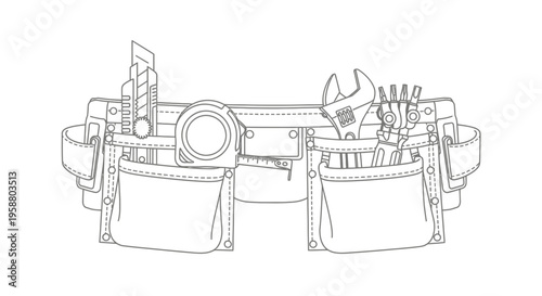 Construction tool belt with tools in flat line art style