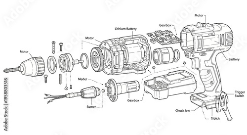 Cordless power drill exploded view with labelled internal parts