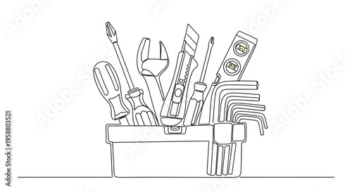 Continuous line drawing of a handyman's toolbox with tools